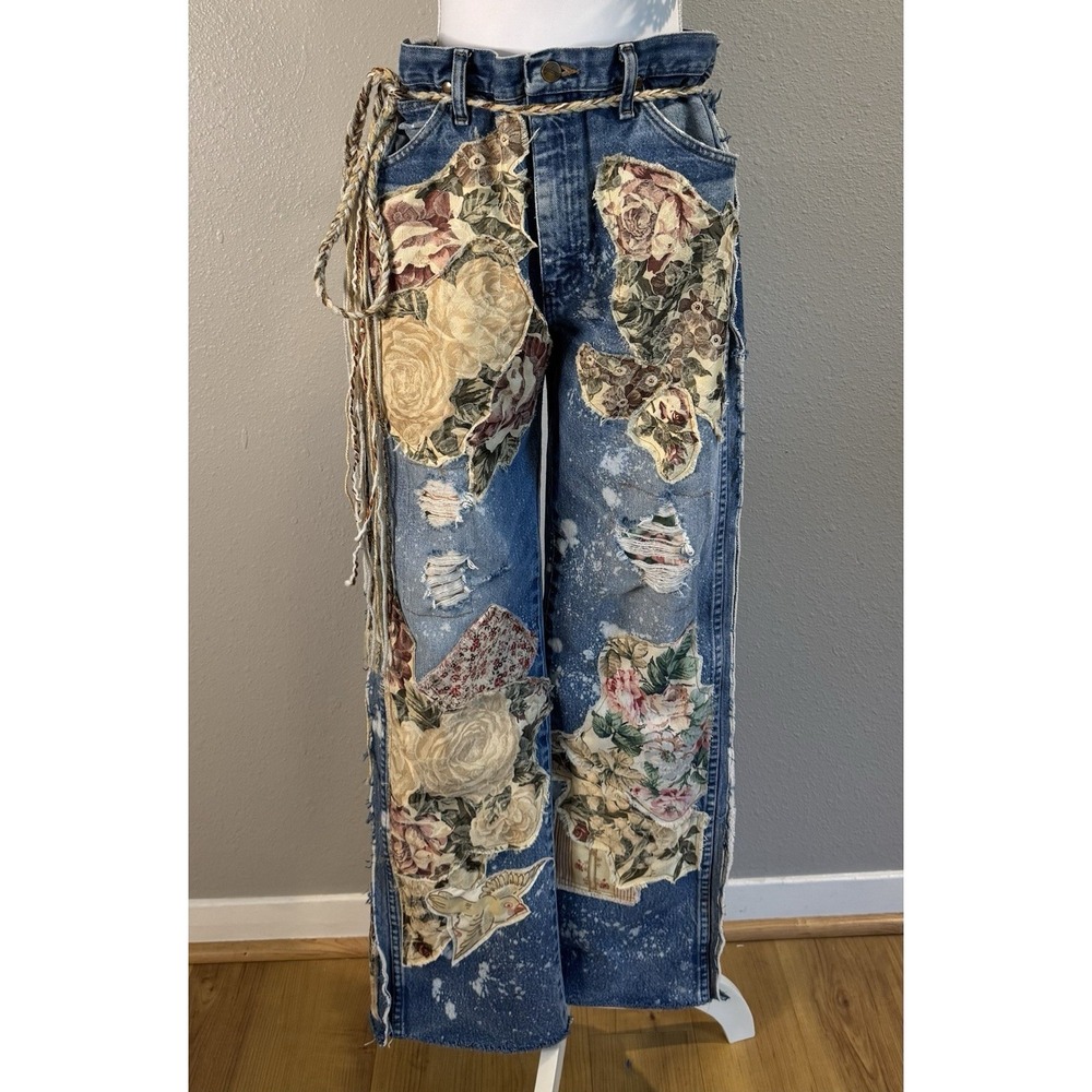 OOAK Upcycled Wrangler Jeans Whimsigoth Boho Lagenlook Reworked Denim Distressed